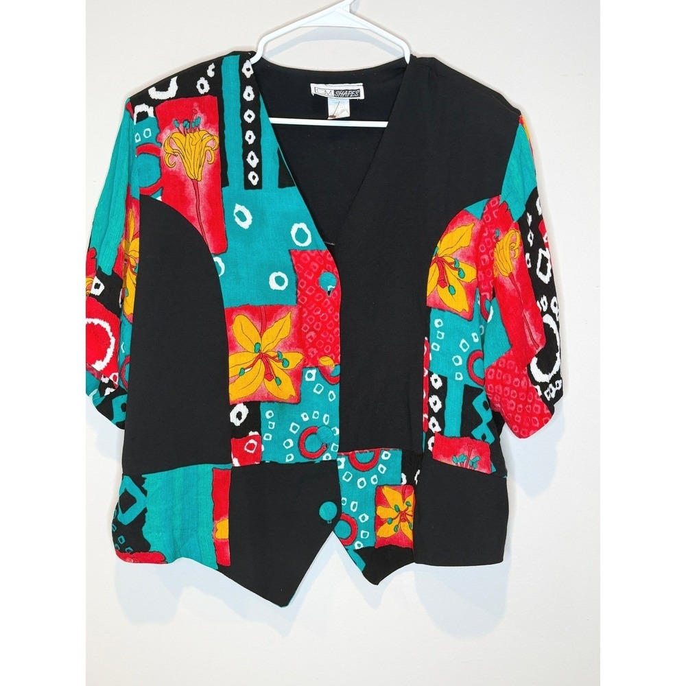 CM Shapes Vintage Womens Patchwork Floral Geometric Button Up Top Black Multi 3X